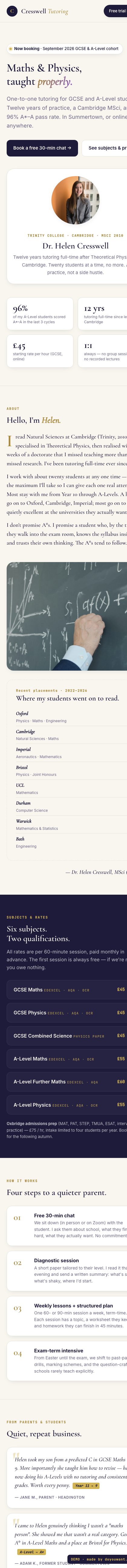 Cresswell Tutoring · mobile screenshot